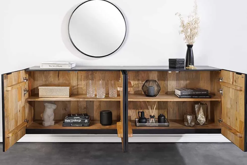 Massives Sideboard SCORPION 180cm schwarz hängend Mangoholz 3D-Design