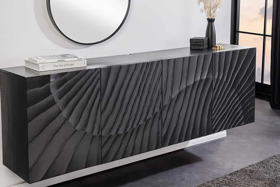 Massives Sideboard SCORPION 180cm schwarz hängend Mangoholz 3D-Design