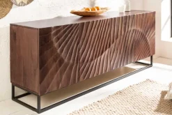 Massives Sideboard SCORPION 180cm dunkelbraun Akazie mit 3D Schnitzereien schwarz Metall