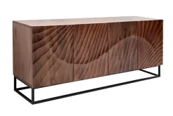 Massives Sideboard SCORPION 180cm dunkelbraun Akazie mit 3D Schnitzereien schwarz Metall