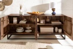 Massives Sideboard SCORPION 180cm dunkelbraun Akazie mit 3D Schnitzereien schwarz Metall