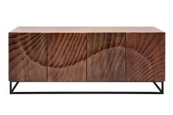 Massives Sideboard SCORPION 180cm dunkelbraun Akazie mit 3D Schnitzereien schwarz Metall