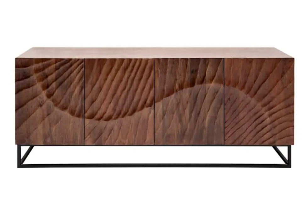 Massives Sideboard SCORPION 180cm dunkelbraun Akazie mit 3D Schnitzereien schwarz Metall