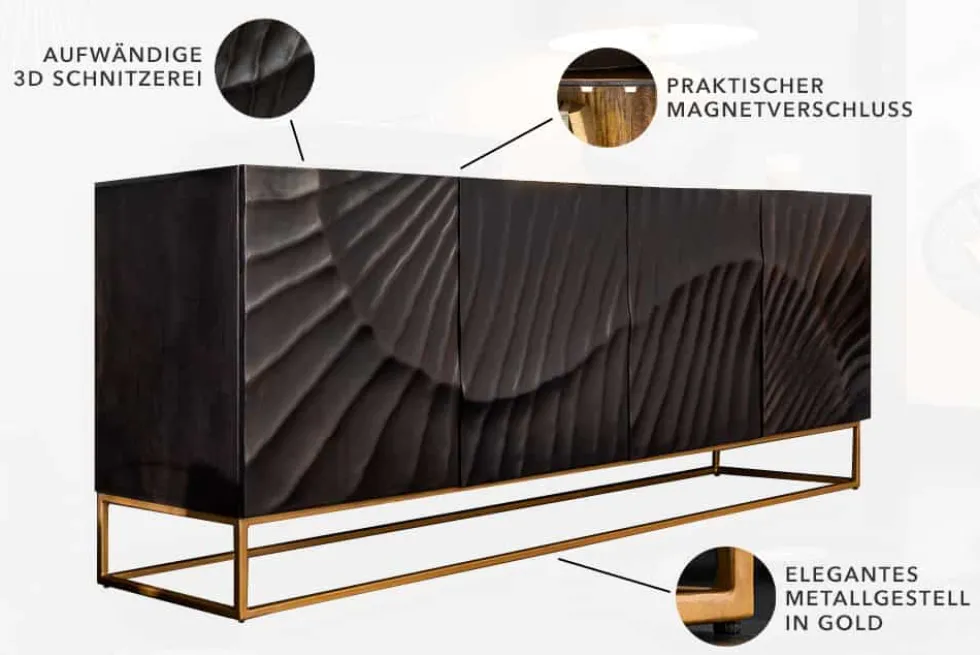 Massives Sideboard SCORPION 180cm schwarz Mangoholz aufwendige 3D Schnitzereien