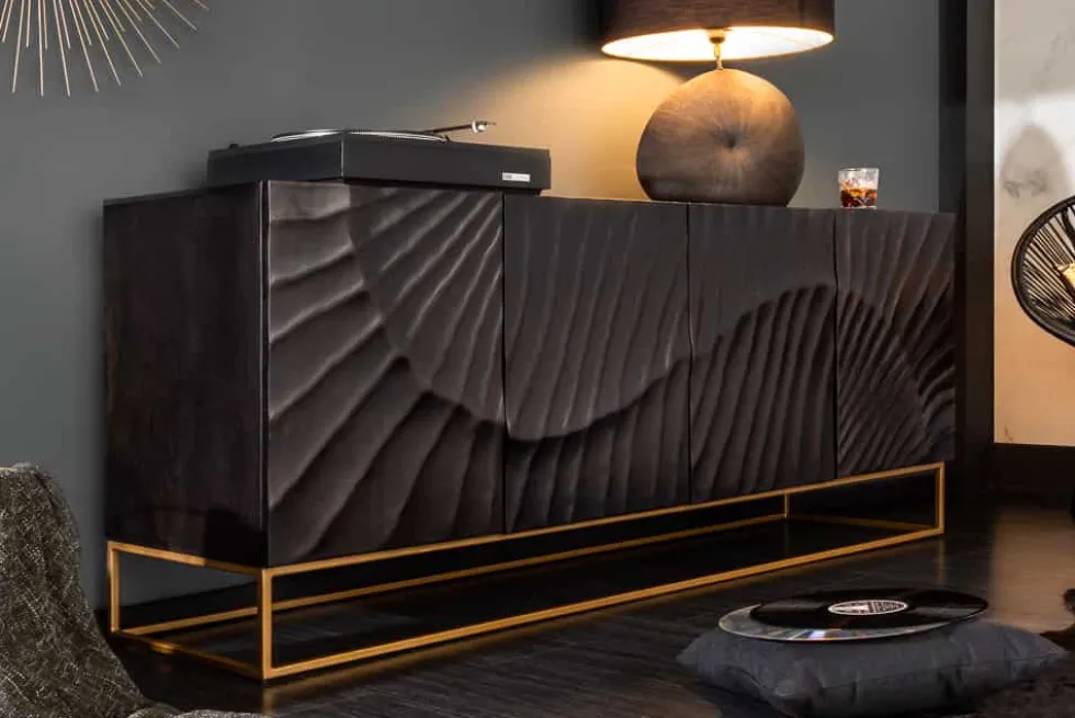 Massives Sideboard SCORPION 180cm schwarz Mangoholz aufwendige 3D Schnitzereien