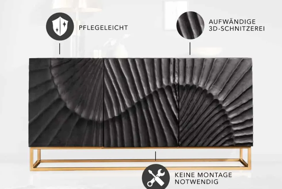 Massives Sideboard SCORPION 140cm schwarz Mangoholz aufwendige 3D Schnitzereien