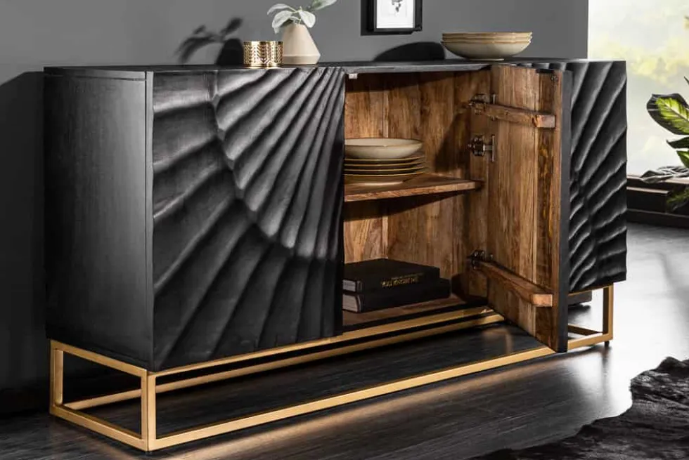 Massives Sideboard SCORPION 140cm schwarz Mangoholz aufwendige 3D Schnitzereien