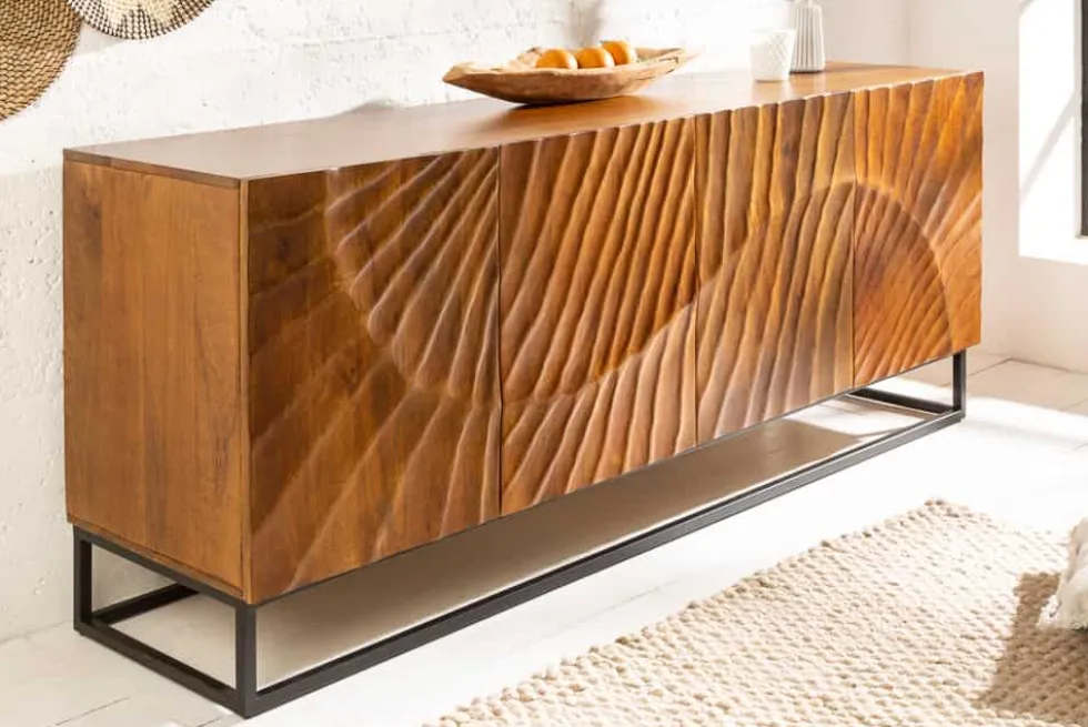 Massives Sideboard SCORPION 180cm braun Mangoholz aufwendige 3D Schnitzereien
