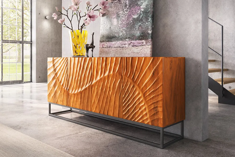 Massives Sideboard SCORPION 180cm braun Mangoholz aufwendige 3D Schnitzereien