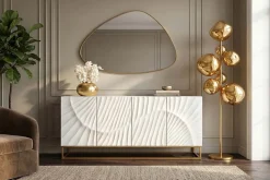 Massives Sideboard SCORPION 180cm weiß Mangoholz gold Metall 3D-Schnitzereien