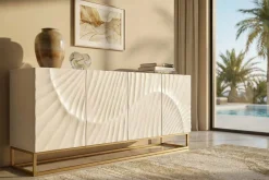 Massives Sideboard SCORPION 180cm weiß Mangoholz gold Metall 3D-Schnitzereien