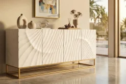 Massives Sideboard SCORPION 180cm weiß Mangoholz gold Metall 3D-Schnitzereien