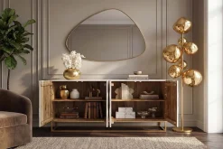 Massives Sideboard SCORPION 180cm weiß Mangoholz gold Metall 3D-Schnitzereien