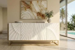 Massives Sideboard SCORPION 180cm weiß Mangoholz gold Metall 3D-Schnitzereien