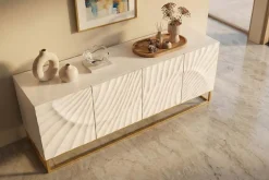 Massives Sideboard SCORPION 180cm weiß Mangoholz gold Metall 3D-Schnitzereien