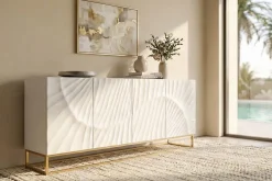 Massives Sideboard SCORPION 180cm weiß Mangoholz gold Metall 3D-Schnitzereien