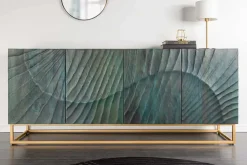 Massives Sideboard SCORPION 180cm türkis Mangoholz gold Metall 3D Schnitzereien