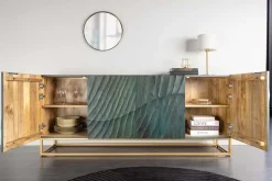 Massives Sideboard SCORPION 180cm türkis Mangoholz gold Metall 3D Schnitzereien