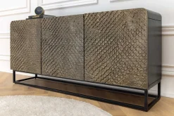 Massives Sideboard SNAKE 160cm braun Mangoholz mit 3D Schnitzereien schwarz Schlangen-Design