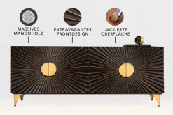 Massives Sideboard SOLARIS 180cm schwarz gold Mangoholz 3D-Design