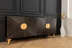 Massives Sideboard SOLARIS 180cm schwarz gold Mangoholz 3D-Design