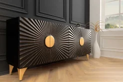 Massives Sideboard SOLARIS 180cm schwarz gold Mangoholz 3D-Design