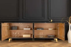 Massives Sideboard SOLARIS 180cm schwarz gold Mangoholz 3D-Design