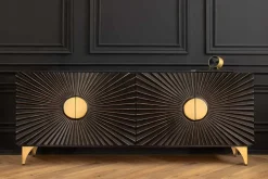 Massives Sideboard SOLARIS 180cm schwarz gold Mangoholz 3D-Design