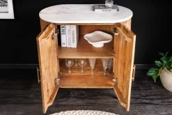 Massives Sideboard TRES CHIC 75cm natur Mangoholz weiß Marmor gold Metall
