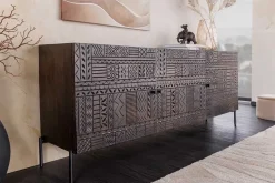 Massives Sideboard TRIBAL 180cm antik braun Mangoholz 3D-Front viel Stauraum
