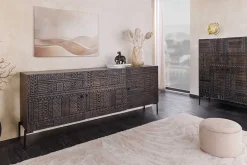 Massives Sideboard TRIBAL 180cm antik braun Mangoholz 3D-Front viel Stauraum