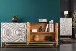 Massives Sideboard ZEN CIRCLES 180cm weiß schwarz gold Mangoholz 3D-Design