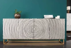 Massives Sideboard ZEN CIRCLES 180cm weiß schwarz gold Mangoholz 3D-Design