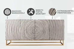 Massives Sideboard ZEN CIRCLES 180cm weiß schwarz gold Mangoholz 3D-Design