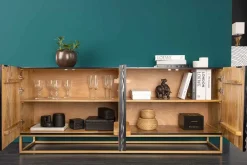 Massives Sideboard ZEN CIRCLES 180cm weiß schwarz gold Mangoholz 3D-Design