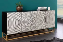 Massives Sideboard ZEN CIRCLES 180cm weiß schwarz gold Mangoholz 3D-Design