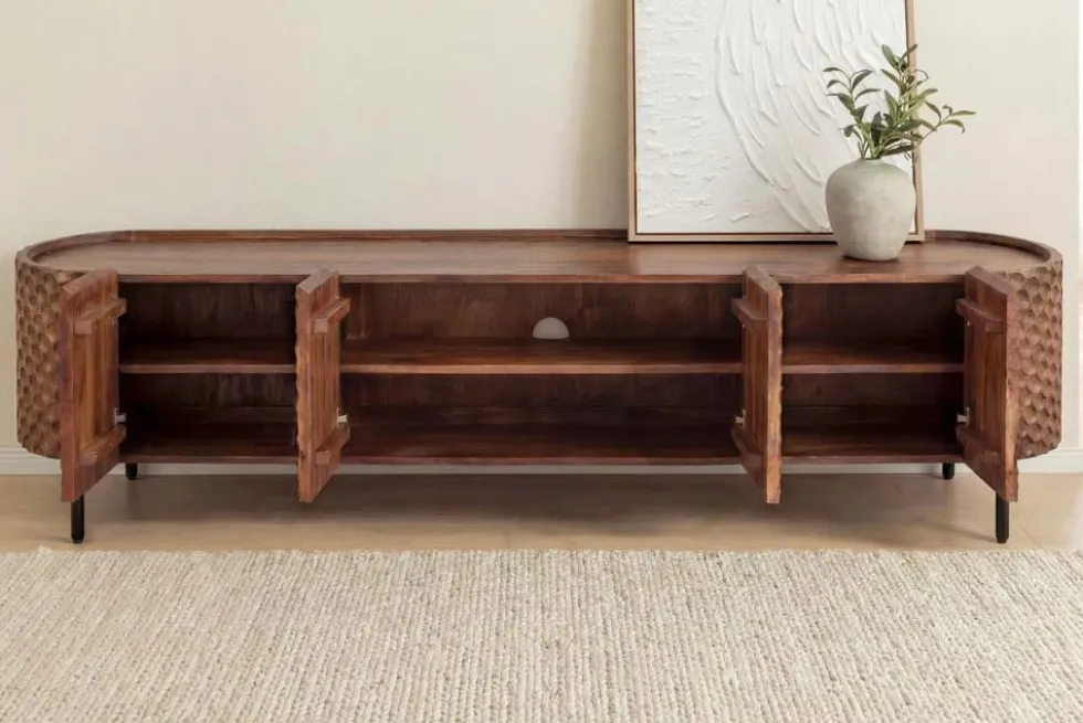 Massives TV-Board ADLON 200cm braun Mangoholz schwarz Metall Lowboard mit 3D- Front