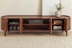 Massives TV-Board ADLON 200cm braun Mangoholz schwarz Metall Lowboard mit 3D- Front