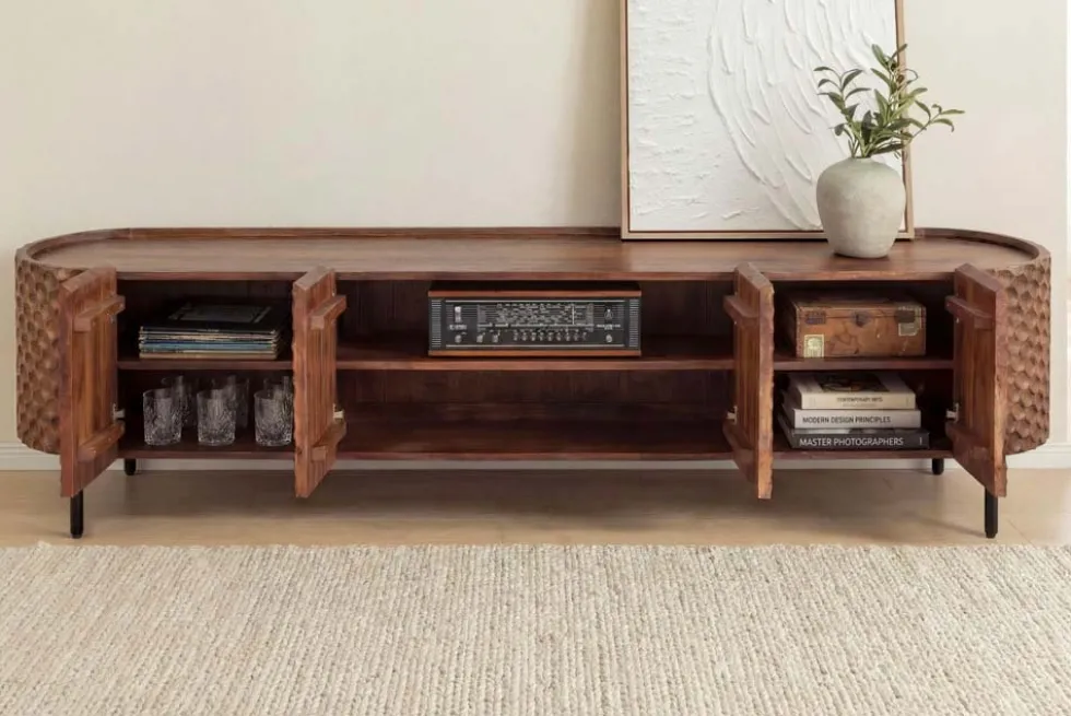 Massives TV-Board ADLON 200cm braun Mangoholz schwarz Metall Lowboard mit 3D- Front