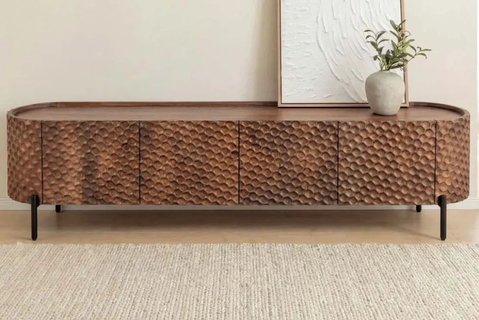 Massives TV-Board ADLON 200cm braun Mangoholz schwarz Metall Lowboard mit 3D- Front