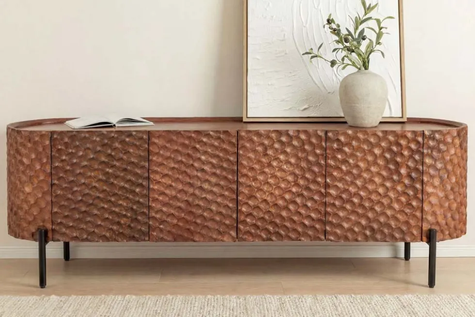 Massives TV-Board ADLON 160cm braun Mangoholz schwarz Metall Lowboard mit 3D- Front