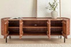 Massives TV-Board ADLON 160cm braun Mangoholz schwarz Metall Lowboard mit 3D- Front
