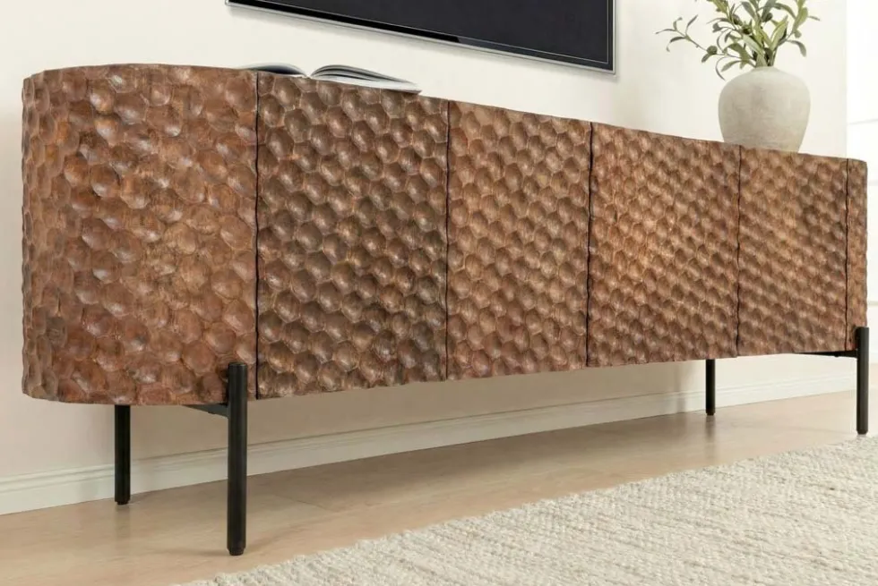 Massives TV-Board ADLON 160cm braun Mangoholz schwarz Metall Lowboard mit 3D- Front