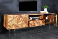 Massives TV-Board ALPINE 160cm braun Sheesham stone finish Metall matt gold