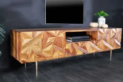 Massives TV-Board ALPINE 160cm braun Sheesham stone finish Metall matt gold