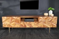 Massives TV-Board ALPINE 160cm braun Sheesham stone finish Metall matt gold