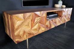 Massives TV-Board ALPINE 160cm braun Sheesham stone finish Metall matt gold