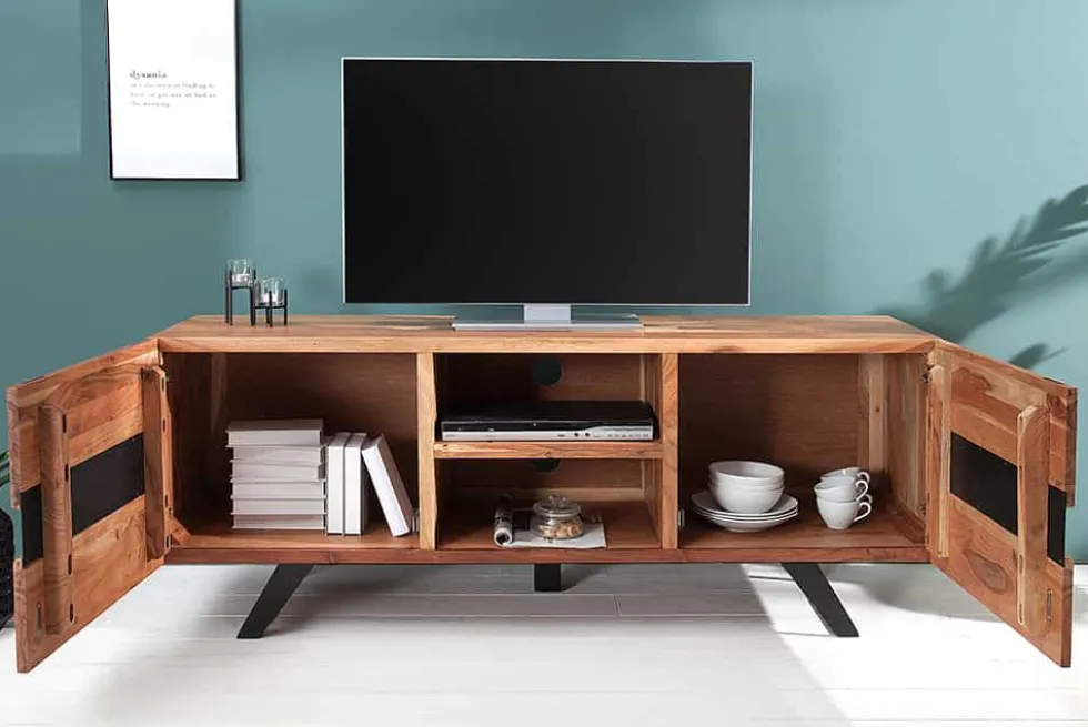 Massives TV-Board AMAZONAS 160cm Akazie Metall Lowboard Baumkante