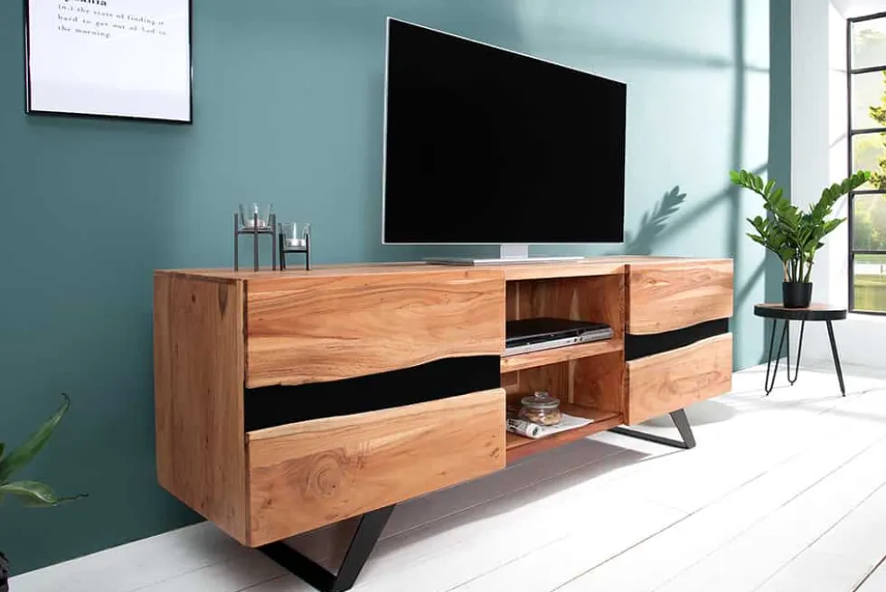 Massives TV-Board AMAZONAS 160cm Akazie Metall Lowboard Baumkante