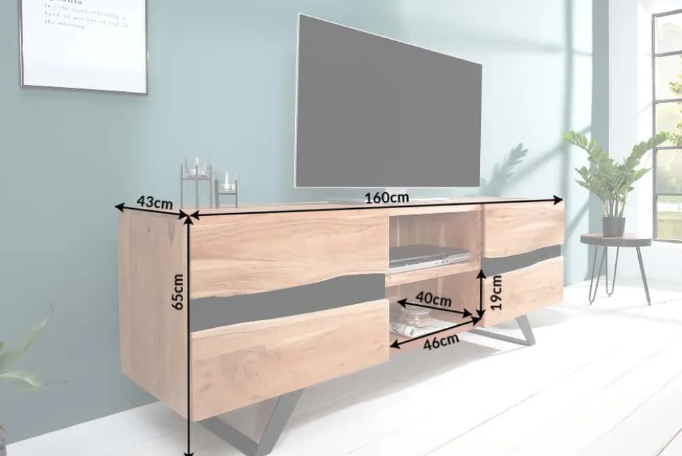 Massives TV-Board AMAZONAS 160cm Akazie Metall Lowboard Baumkante